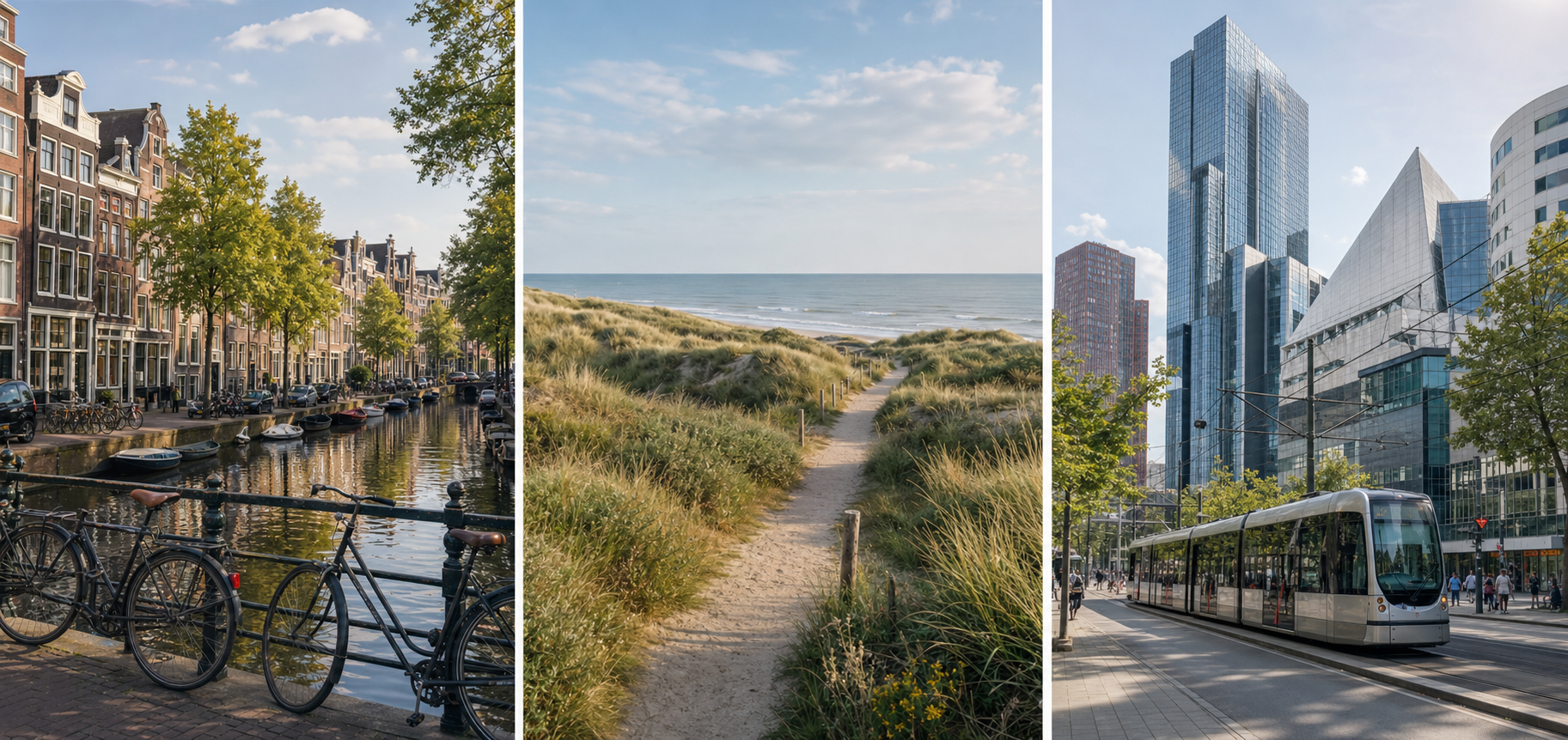 Three Netherlands route scenes: a canal street, coastal dunes, and modern Rotterdam streets.